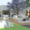 Modern Garden Landscape With White Bear Sculptures Green Lawn Purple Tree And Illuminated Sphere