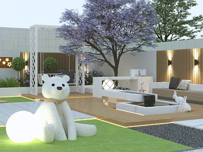Modern Garden Landscape With White Bear Sculptures Green Lawn Purple Tree And Illuminated Sphere 3d model
