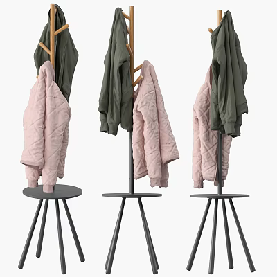Modern Standing Coat Rack With Wooden Bar And Black Metal Tripod Base Holding Pink Green Jackets 3d model