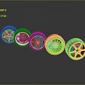 Multiple Colorful Car Wheels With Varied Colored Rims And Unique Hubcap Designs