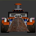 Red Lego Style Car Featuring Shovel Like Metal Structure Black Top Device Blue White Details