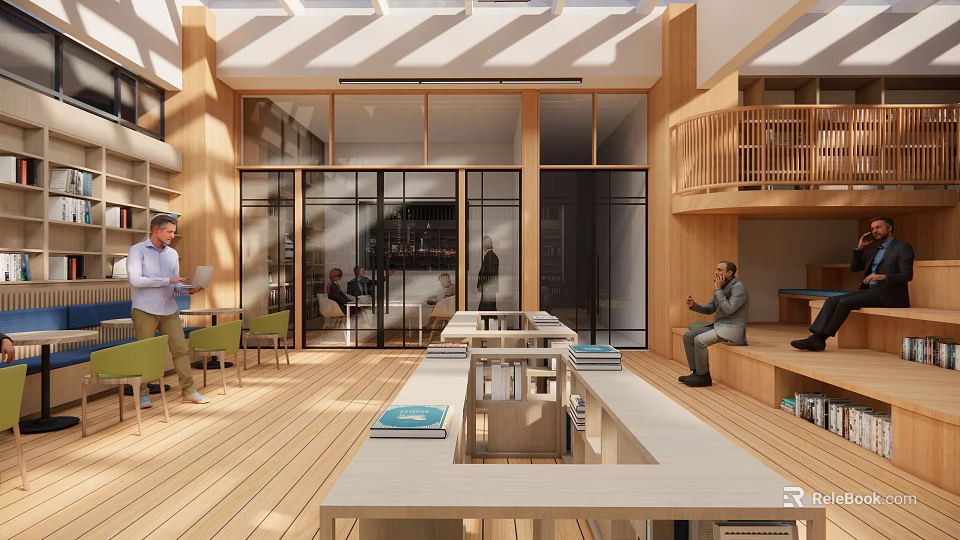 Creative Book Art Space Design With Wooden Structure Large Windows Long Tables And Bookshelves 3d model 