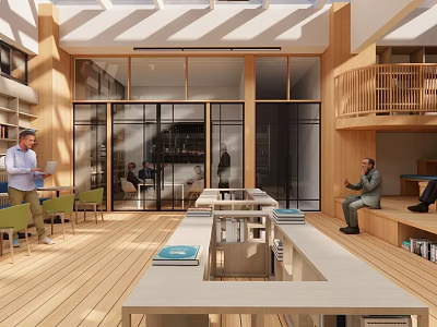 Creative Book Art Space Design With Wooden Structure Large Windows Long Tables And Bookshelves 3d model