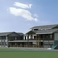 Traditional Modern Homestay Building With Gray Roof Beige Walls And Green Lawn