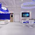 Modern Specialty Store Interior With Circular Layout White Blue Display Shelves Screens And Chairs