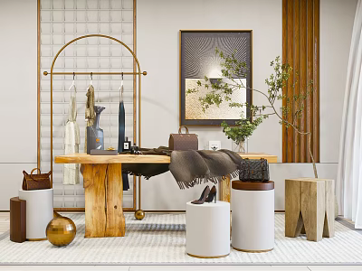 Elegant Modern Display Shelves With Gold Metal Frame And Wooden Table For Bags And Accessories 3d model