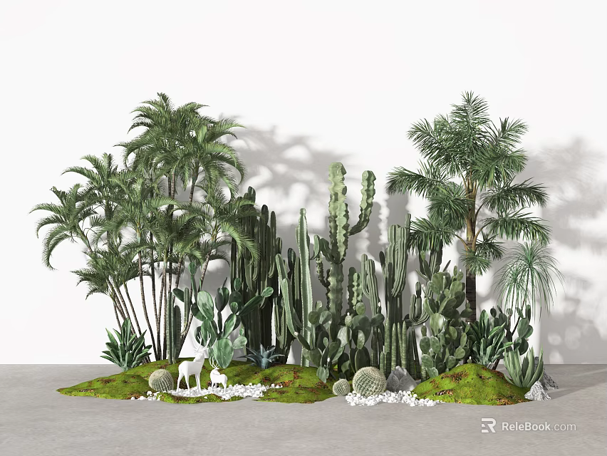 Green Plants Featuring Tall Palm Trees and Cacti on Moss Covered Ground With White Pebbles 3d model 