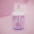 Transparent Baby Bottle With White Nipple Measurement Scale And Pink Background