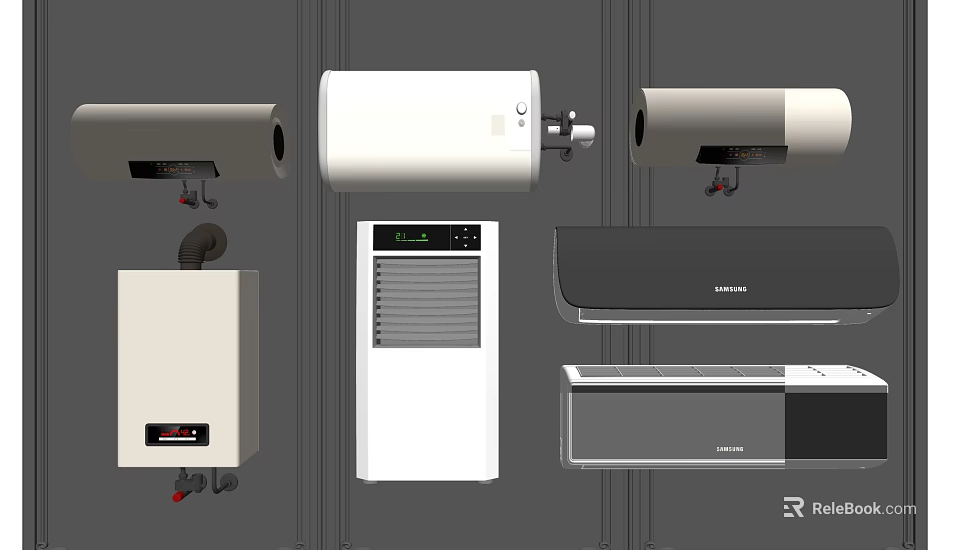 Essential Daily Electrical Appliances Featuring Water Heater Air Conditioner And Heater Units 3d model 