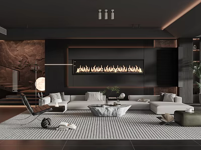 Modern Living Room Interior With Fireplace Light Gray Sofa And Black White Striped Rug 3d model