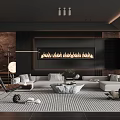 Modern Living Room Interior With Fireplace Light Gray Sofa And Black White Striped Rug
