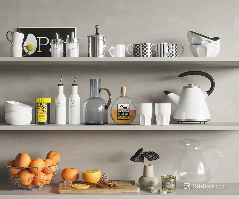 Modern White Silver Kitchenware Mugs Kettle Bottles Jars On Shelves With Oranges Lemons 3d model 