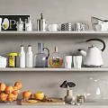 Modern White Silver Kitchenware Mugs Kettle Bottles Jars On Shelves With Oranges Lemons 3d model