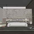 Minimalist Bedroom Interior With Textured Marble Wall Wooden Accents And White Bedding