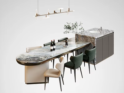 Modern Bar Counter With Marble Top Green Beige Chairs Wine Bottles Plant Pendant Lighting Fixture 3d model
