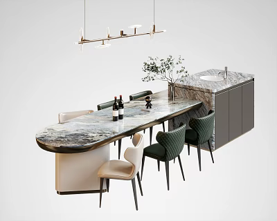 Modern Bar Counter With Marble Top Green Beige Chairs Wine Bottles Plant Pendant Lighting Fixture 3d model