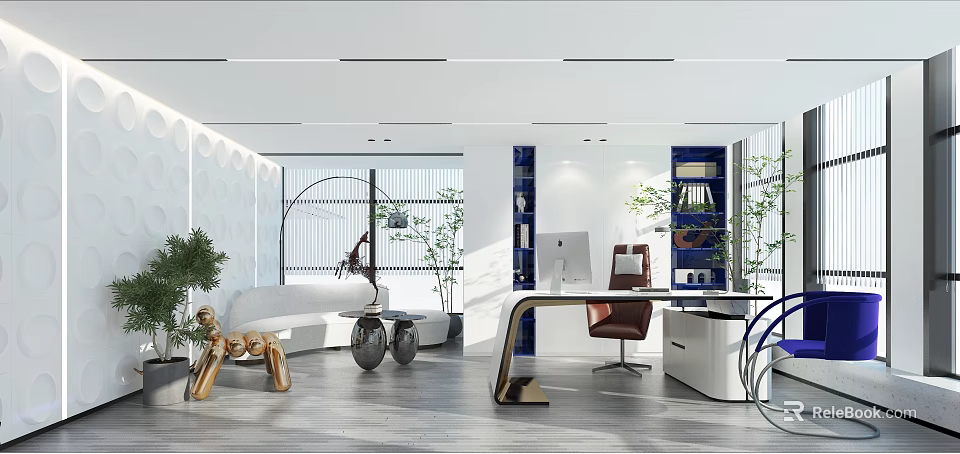 Modern Spacious Office Interior With Wooden Desk Ergonomic Chair Computer And Green Plants 3d model 