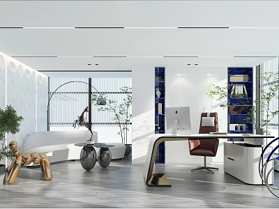 Modern Spacious Office Interior With Wooden Desk Ergonomic Chair Computer And Green Plants 3d model