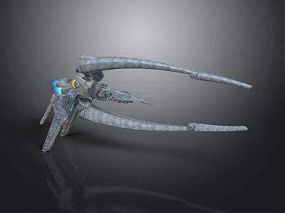 Futuristic Cosmic Spaceship with Long Curved Appendages Blue Glowing Elements and Yellow Accents 3d model