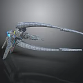 Futuristic Cosmic Spaceship with Long Curved Appendages Blue Glowing Elements and Yellow Accents