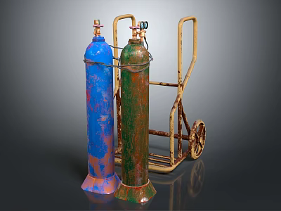 Commercial Gas Cylinder Transport Trolley With Blue And Green Cylinders And Metal Wheels 3d model