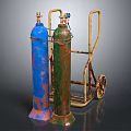 Commercial Gas Cylinder Transport Trolley With Blue And Green Cylinders And Metal Wheels
