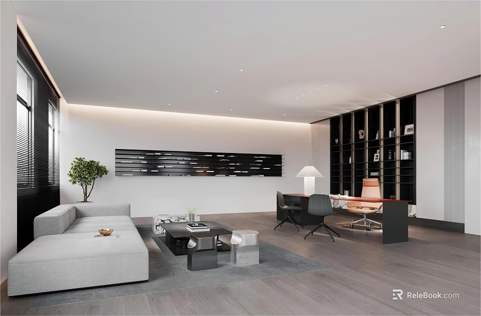 Modern Office Interior Design With Gray Sofa Coffee Table And Bookshelves 3d model 