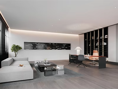 Modern Office Interior Design With Gray Sofa Coffee Table And Bookshelves 3d model