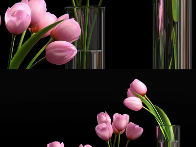 Elegant Pink Tulips Arrangement in Transparent Glass Vase Decorative Floral Display for Home Decor 3d model