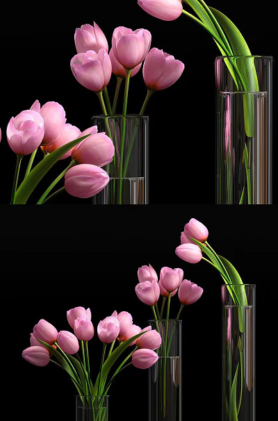 Elegant Pink Tulips Arrangement in Transparent Glass Vase Decorative Floral Display for Home Decor 3d model