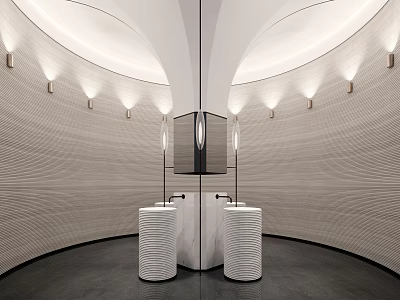 Modern Public Restroom Interior Design With Wavy Walls Recessed Lighting And Circular Washbasins 3d model