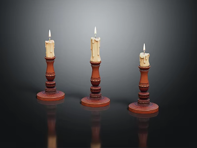 Three Ornate Candle Holders With Lit Candles Red Bases And Carved Details On Dark Surface 3d model
