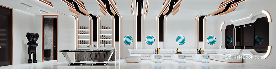 Modern KTV Lounge Interior With Sofas Bar Shelves And Lights 3d model
