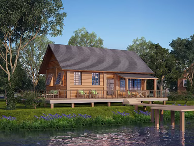 Wooden House in Natural Surroundings with Wooden Deck Chairs Green Lawn and Lakeside View 3d model