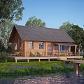 Wooden House in Natural Surroundings with Wooden Deck Chairs Green Lawn and Lakeside View