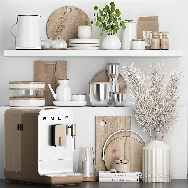 Modern Kitchen Shelf With SMEG Coffee Machine Wooden Cutting Boards White Dishes And Metal Containers 3d model 