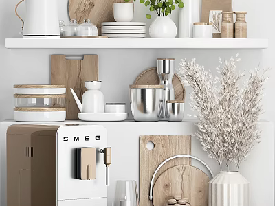 Modern Kitchen Shelf With SMEG Coffee Machine Wooden Cutting Boards White Dishes And Metal Containers 3d model