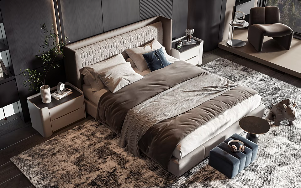 Modern Double Bed with Tufted Headboard Soft Bedding Nightstands and Potted Plant on Patterned Rug 3d model 