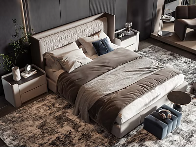Modern Double Bed with Tufted Headboard Soft Bedding Nightstands and Potted Plant on Patterned Rug 3d model