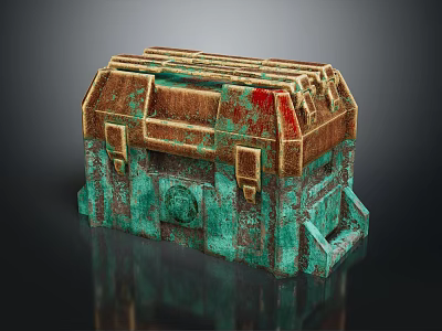 Vintage Rusted Treasure Chest With Green Patina And Gold Accents Detail 3d model