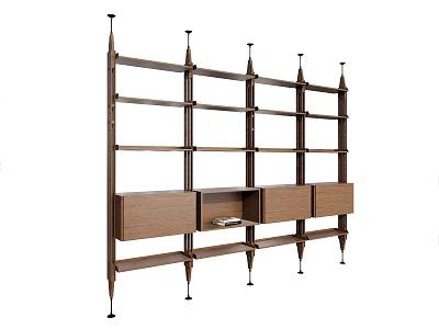 Modern Minimalist Wooden Decorative Cabinet With Open Shelves Vertical Supports And Drawers 3d model