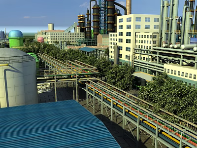 Modern Industrial Plant With Large Storage Tanks Conveyor Belts Pipes And Green Trees 3d model