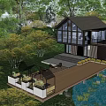 Modern Guesthouse Building With Large Glass Windows Wooden Structure Surrounding Greenery And Water Features