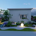 Tea Stream Garden Landscape with Pavilion Deer Sculptures Round Lights and Greenery