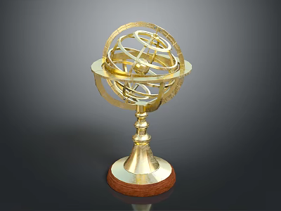 Stylish Golden Armillary Sphere Ornamental Furniture Accent With Intricate Structure And Wooden Base 3d model