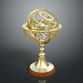 Stylish Golden Armillary Sphere Ornamental Furniture Accent With Intricate Structure And Wooden Base