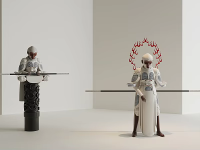 Decorative Ornament Set Featuring Humanoid Figurines in White Attire Black Pillar Tray Red Decorative Pattern 3d model