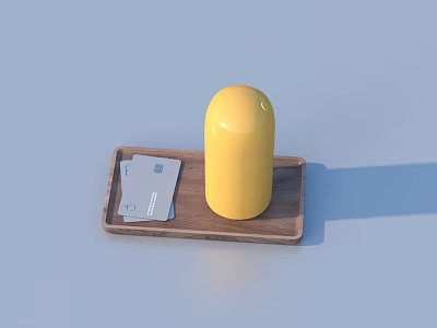 Stylish Yellow Cylindrical Household Item On Wooden Tray With Cards 3d model