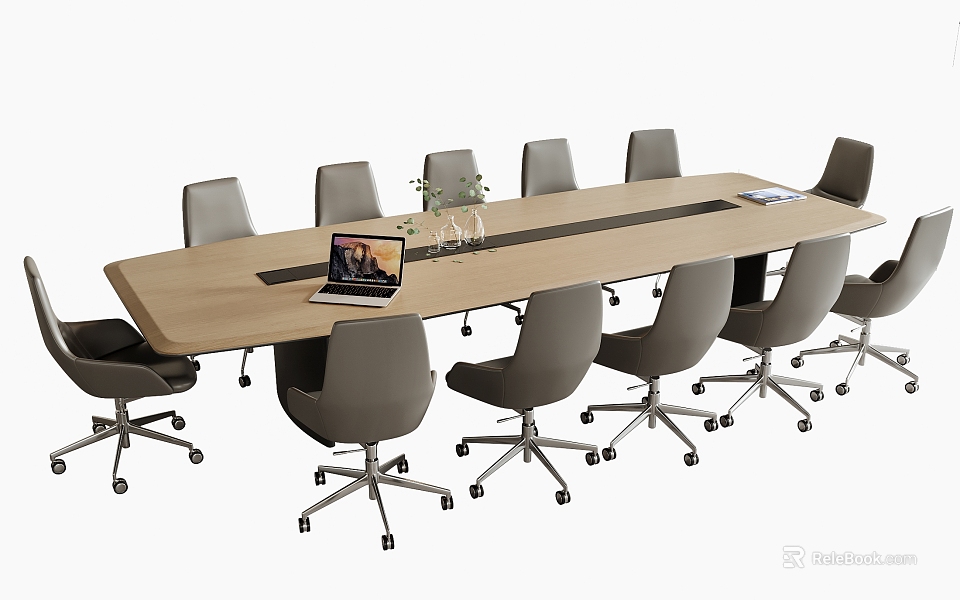 Modern Office Conference Table With Swivel Chairs Laptop And Flower Vase 3d model 