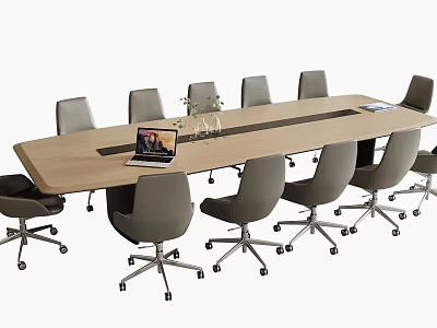 Modern Office Conference Table With Swivel Chairs Laptop And Flower Vase 3d model